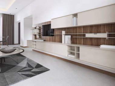 Modern depolama ortamı için DVD, çağdaş odasında oyun konsolları ve elektronik, multimedya için depolama alanı. 3D render.