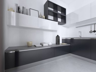 Beyaz iç gri mat mobilyalarla lüks çağdaş mutfak. 3D render.