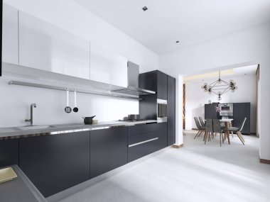 Beyaz iç gri mat mobilyalarla lüks çağdaş mutfak. 3D render.
