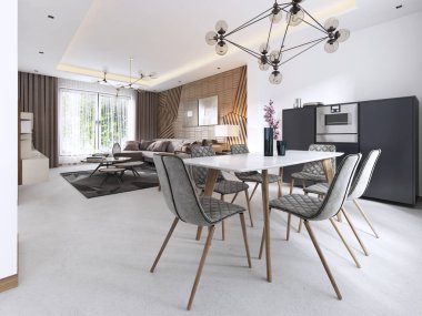 Modern yemek masası, çağdaş oturma odasında ışık renkleri büyük pencereler ile. 3D render.