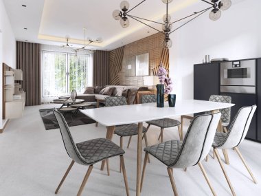 Modern yemek masası, çağdaş oturma odasında ışık renkleri büyük pencereler ile. 3D render.