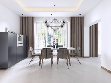 Modern sandalye ve büyük cam kenarında bir masa ile çağdaş tarzda yemek odası. 3D render.