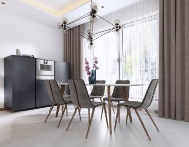 Modern sandalye ve büyük cam kenarında bir masa ile çağdaş tarzda yemek odası. 3D render.