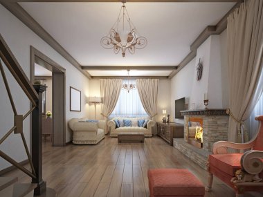 Oturma odasında bir rustik tarzı ile yumuşak mobilyalar ve klasik öğeleri ile büyük bir şömine. 3D render.