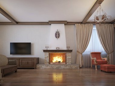 Oturma odasında bir rustik tarzı ile yumuşak mobilyalar ve klasik öğeleri ile büyük bir şömine. 3D render.