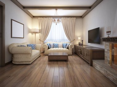 Oturma odasında bir rustik tarzı ile yumuşak mobilyalar ve klasik öğeleri ile büyük bir şömine. 3D render.