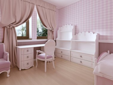 Hafif pembe renk ve beyaz mobilya klasik tarzı kız çocuk odası. 3D render.