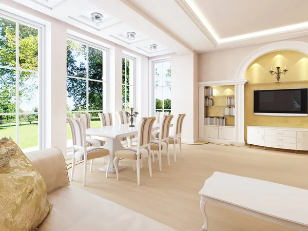 Cam kenarında bir yemek masası ile art deco öğeleri ile hafif klasik tarzda ışık oturma odası. 3D render