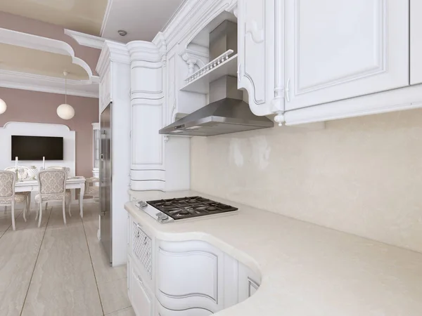 Κουζίνα Τραπεζαρία Κλασικό Στιλ Χρώματα Postel Λευκά Έπιπλα Και Ενσωματωμένη — Φωτογραφία Αρχείου