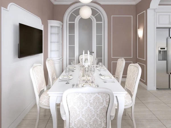 Sala Pranzo Con Tavolo Bianco Sedie Sei Persone Con Due — Foto Stock