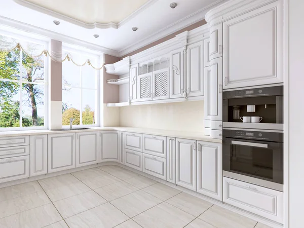 Роскошная Белая Кухня Классическом Стиле Встроенной Техникой Большим Окном Рендеринг — стоковое фото