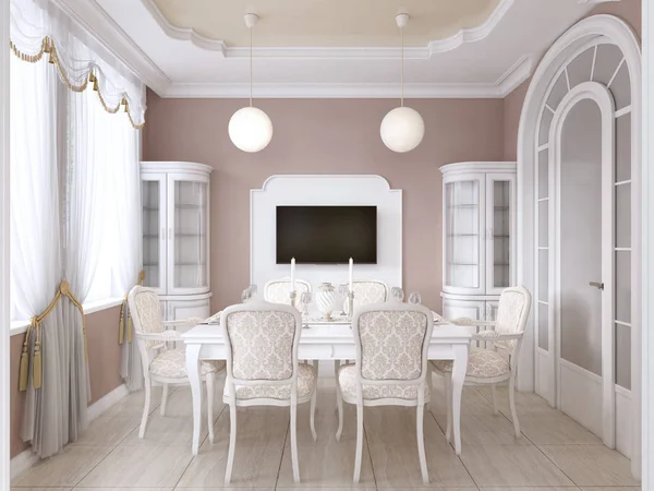 Salle Manger Avec Table Blanche Chaises Pour Six Personnes Avec — Photo