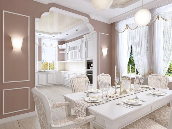 Cucina Sala Pranzo Stile Classico Colori Postel Con Mobili Cucina — Foto Stock