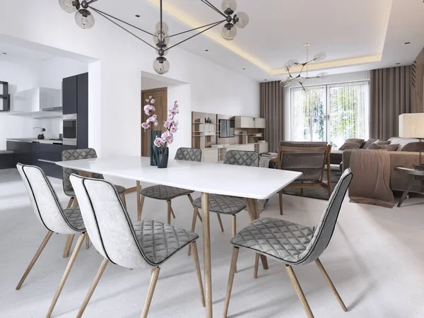 Moderne Eettafel Moderne Woonkamer Lichte Kleuren Met Grote Ramen Rendering — Stockfoto