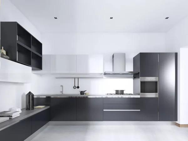 Lujosa Cocina Contemporánea Con Muebles Gris Mate Interior Blanco Renderizado — Foto de Stock