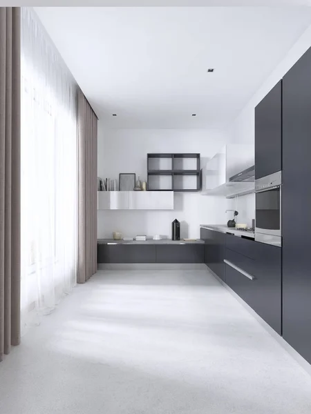 Luxuosa Cozinha Contemporânea Com Mobiliário Fosco Cinza Interior Branco Renderização — Fotografia de Stock