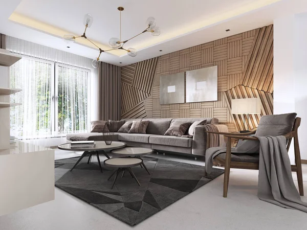 豪华的客厅 现代风格 墙上有木制装饰板 一室公寓配有沙发和餐桌 — 图库照片