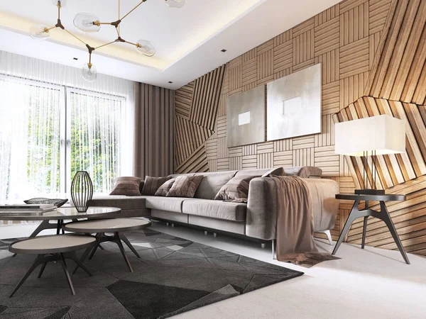 Luxuriöses Wohnzimmer Zeitgenössischen Stil Mit Dekorativen Holzpaneelen Der Wand Studio — Stockfoto