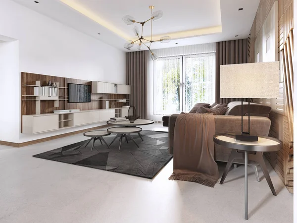 豪华的客厅 现代风格 墙上有木制装饰板 一室公寓配有沙发和餐桌 — 图库照片