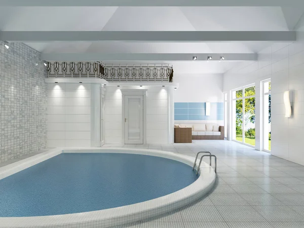 The interior of the pool in a private house is modern in style. 3D rendering.