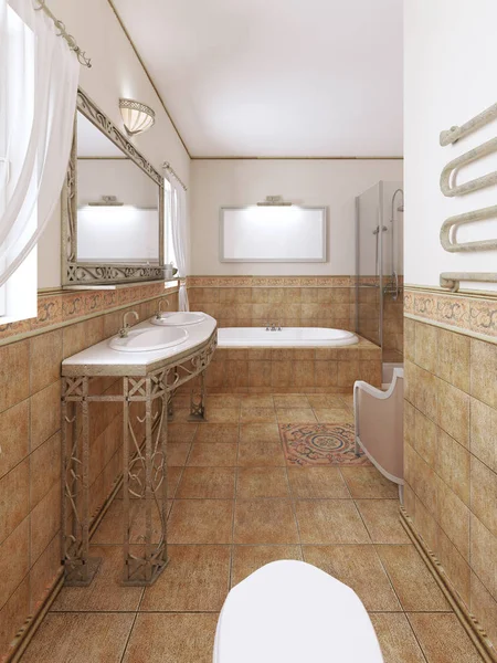 浴室拥有经典风格 配有现代化的管道和带花盆的家具 — 图库照片