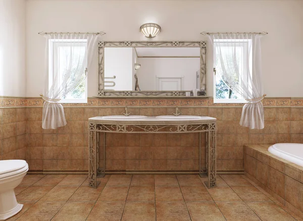 Forged bathroom vanities with a mirror and a washbasin in the bathroom classic style. 3D rendering.