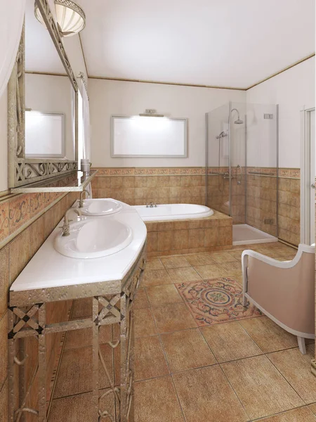 浴室拥有经典风格 配有现代化的管道和带花盆的家具 — 图库照片