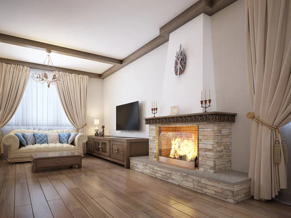 リビング ルームの家具の素朴なスタイルと古典的な要素と大きな暖炉で レンダリング — ストック写真