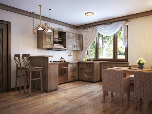 Cocina Estilo Rústico Con Mesa Comedor Muebles Madera Renderizado —  Fotos de Stock