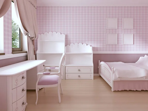 Kinderzimmer Für Mädchen Klassischen Stil Hellrosa Farben Und Weißen Möbeln — Stockfoto