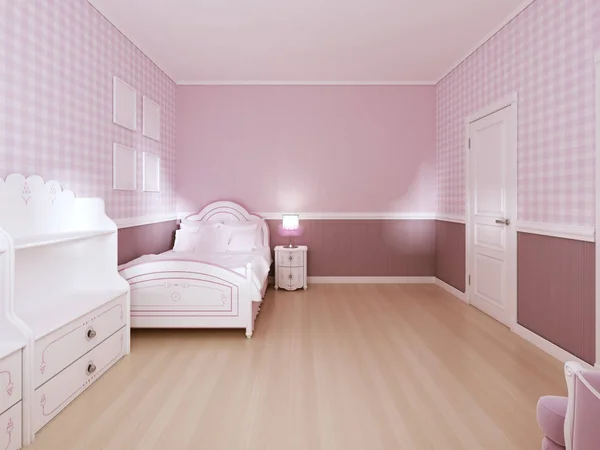 Kinderzimmer Für Mädchen Klassischen Stil Hellrosa Farben Und Weißen Möbeln — Stockfoto