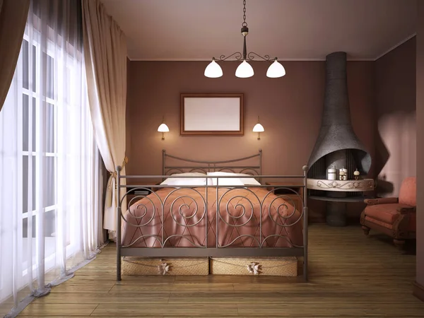 Une Chambre Marron Foncé Dans Style Rustique Avec Une Cheminée — Photo