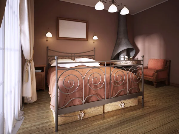 乡村风格的深色马龙卧室 设有带锻铁床的壁炉 — 图库照片