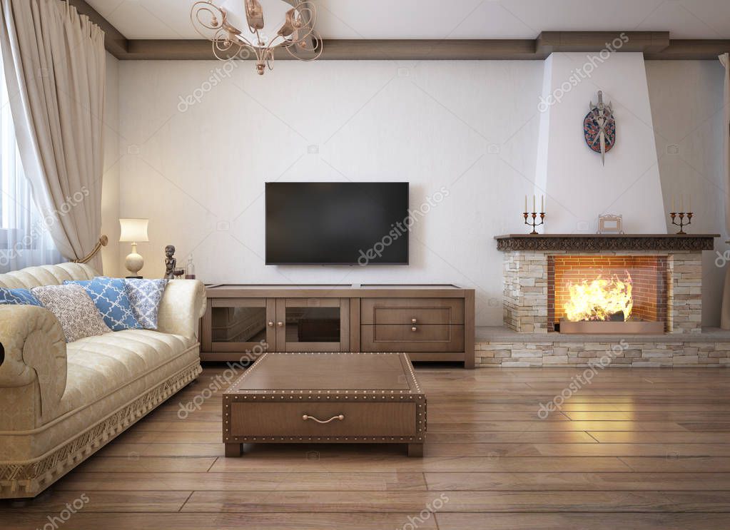 Soggiorno Stile Rustico Con Mobili Morbidi Grande Camino Con