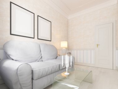 Küçük oturma odası, rahatlamak için bir kanepe ve Tv. 3d render ile.