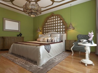 Oryantal yatak odasında bir ahşap karyola ve yeşil duvarlar ile Arap tarzı. TV Ünitesi, tuvalet masası, tekli sehpa ile. 3D render.