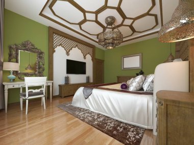 Doğu yatak odası, Ahşap karyola ve yeşil duvarlar. TV Ünitesi, tuvalet masası, tekli sehpa ile. 3D render.