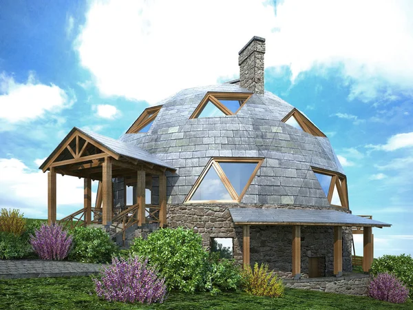 Gorgeous dome home of the future. Green Design, Innovation, Architecture. 3D rendering.