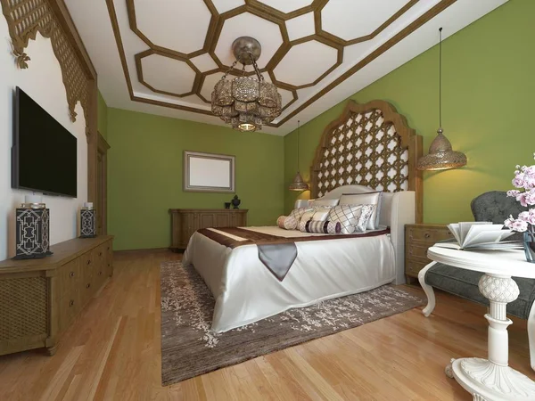 Ανατολή Υπνοδωμάτιο Ξύλινο Κεφαλάρι Και Πράσινο Τοίχους Μονάδα Μπουντουάρ Πολυθρόνα — Φωτογραφία Αρχείου