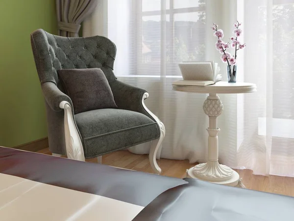 Beyaz Kahve Masasıyla Doğu Yatak Odası Tarzı Klasik Koltuk 3Drendering — Stok fotoğraf