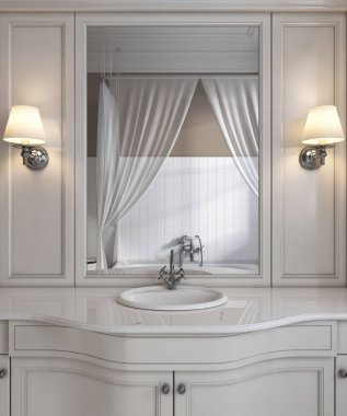 Güzel beyaz vanity, temiz beyaz banyo çağdaş klasik tarz. 3D render