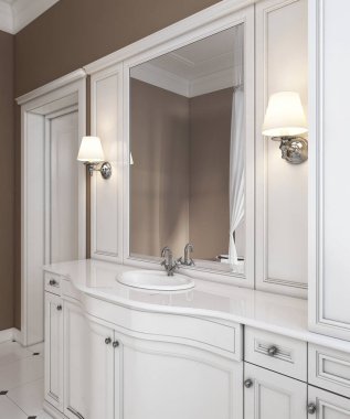 Güzel beyaz vanity, temiz beyaz banyo çağdaş klasik tarz. 3D render