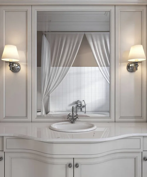 Belle Vanité Blanche Salle Bains Contemporaine Style Classique Blanc Propre — Photo