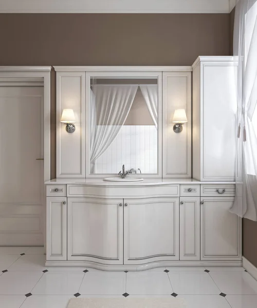 Hermosa Vanidad Blanca Baño Blanco Limpio Estilo Clásico Contemporáneo Renderizado —  Fotos de Stock