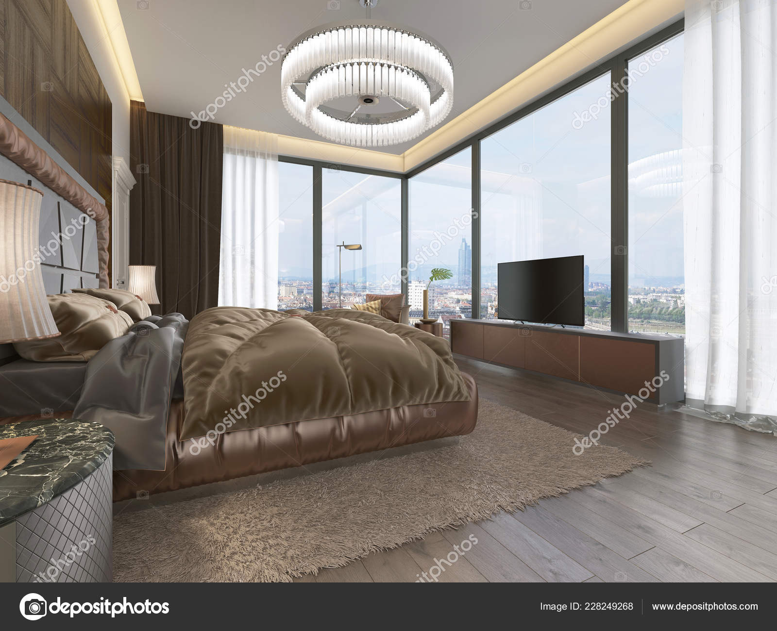 Luxurious Bedroom Modern Style Large Windows Wall Stock