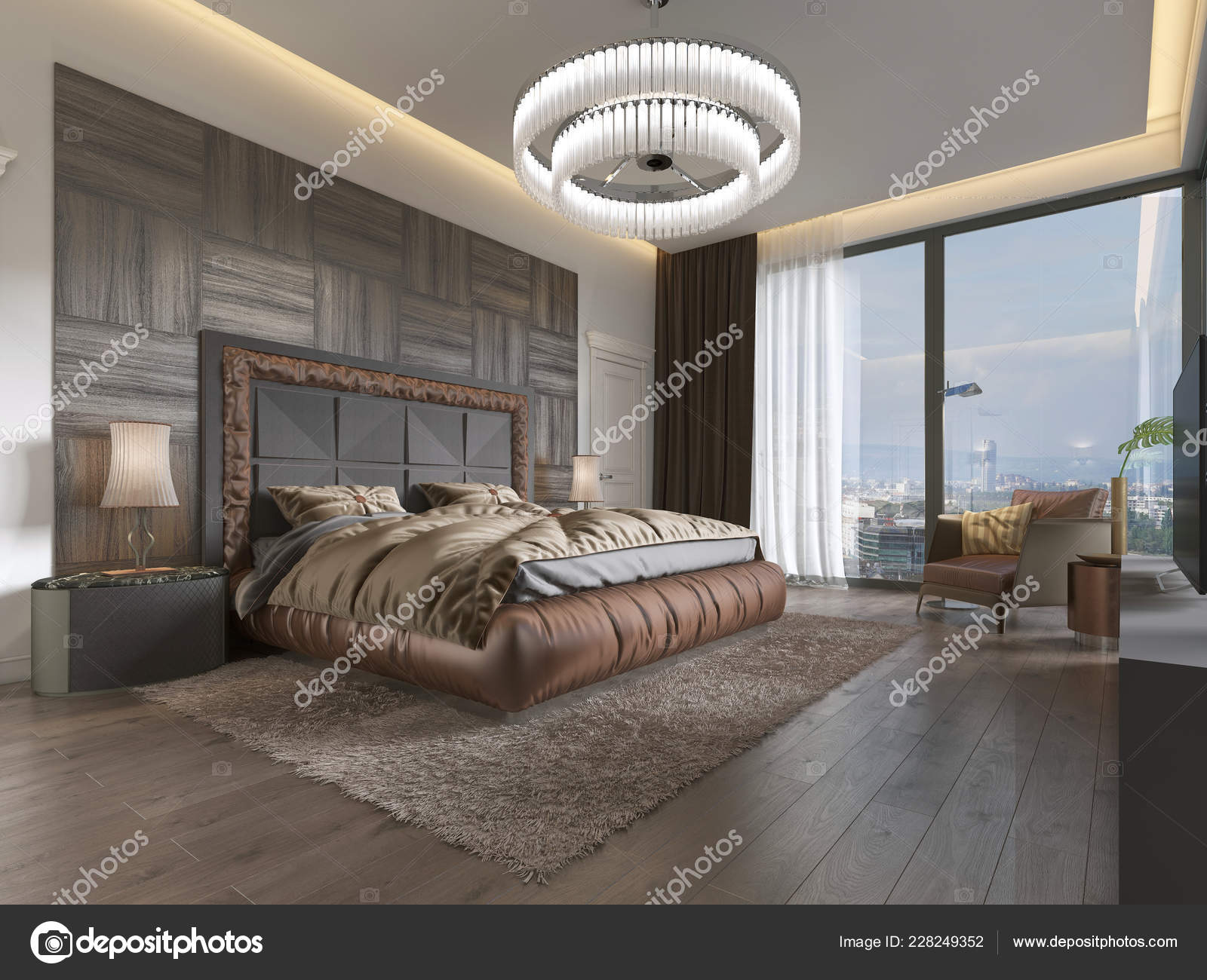 Luxurious Bedroom Modern Style Large Windows Wall Stock