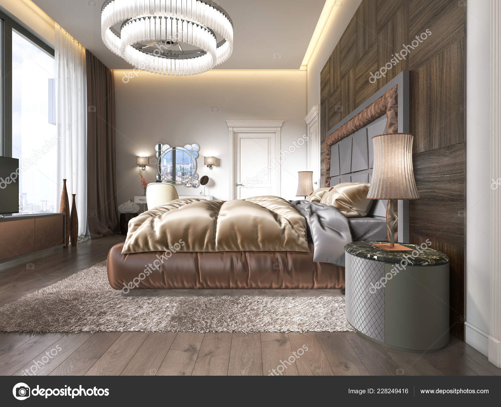 Luxurious Bedroom Modern Style Large Windows Wall Stock