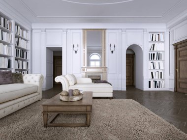 Klasik iç. Kanepe, sandalye, masa dekorasyonu ile sidetables lambaları. Beyaz duvarları kalıplar ile. Zemin parke balıksırtı, kilim desenli. 3D render