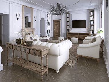 Klasik oturma odası, paneller ve tavan silmelerle beyaz döşemeli koltuklar ve Osmanlı ile döşenmiş bir balıksırtı ahşap zemin üzerinde. 3D render