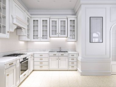 Lüks mutfak klasik İskandinav tarzı, Beyaz ahşap paneli mermer tabletoop. 3D render